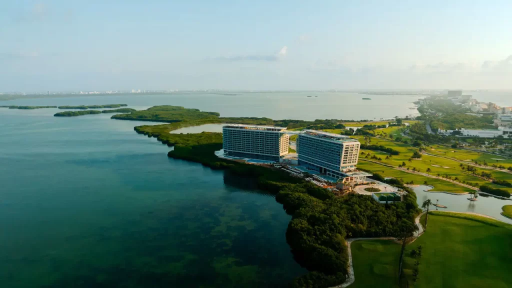 Aerial view of Hyatt Vivid Grand Island Cancun, Mexico. Exotic Travel Services Travel Agent Denver, Colorado